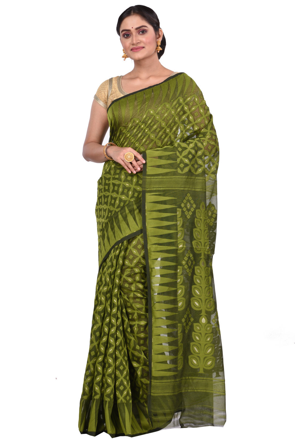 Green Pure Cotton Minakari_Jmdni Jamdani Saree (698)
